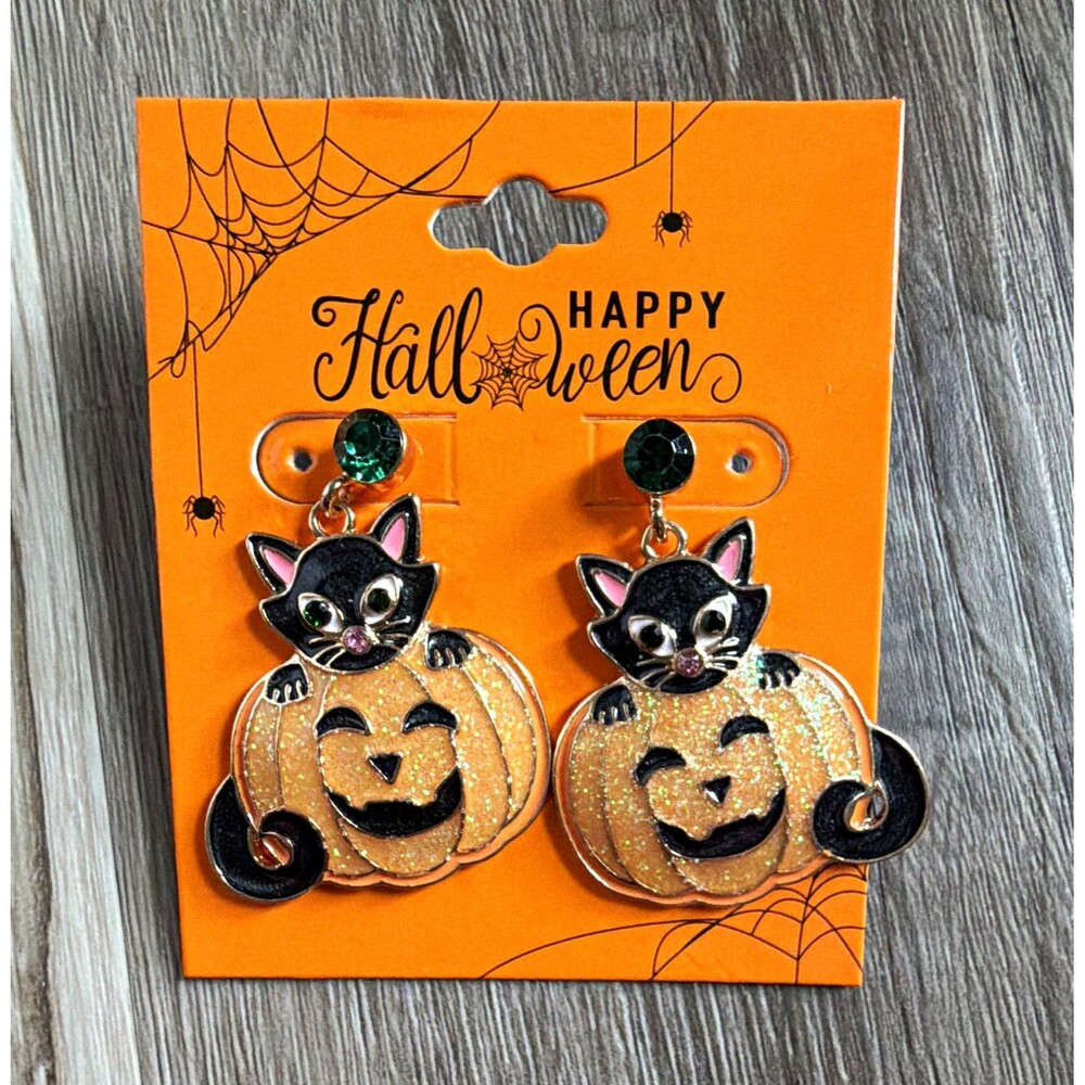 Halloween Black Cat Pumpkin Dangle/Drop Earrings Metal NWT